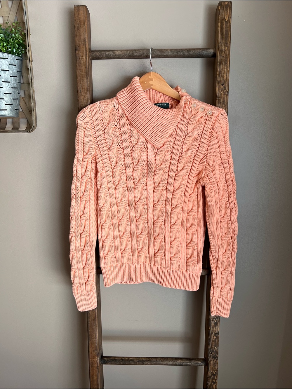 Ralph Lauren Peach Cable Knit Turtleneck Sweater with Shoulder Buttons